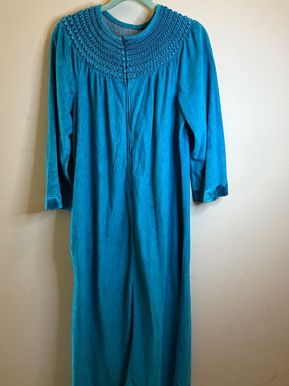 Vintage Women’s Teal Long Nightgown with Smocked Yoke